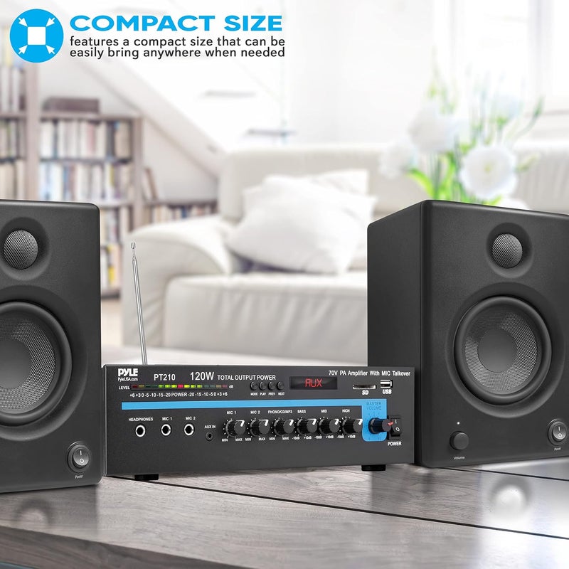 Pyle مضخم صوت أحادي للخطاب العام مع بلوتوث - 120 واط مضخم PA مع مخرج 70 فولت، مدخلين ميكروفون - تحكم مستقل في الصوت لكل قناة - معادل 3 نطاقات - للاستخدام المنزلي، التجاري، المطاعم، المدارس - PT210 - Image 3